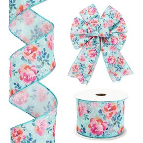 AnyDesign Floral Wired Edge Ribbon Watercolor Flower Leaf Craft Ribbon Pink Green Fabric Ribbon for Wreath Bow DIY Crafts Wrapping Party Decor, 12 Yard