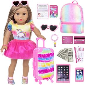 DONTNO American 18 Inch Doll Travel Suitcase Play Set with 18 Inch Doll Clothes and Accessories Including Backpack Phone Passport Sunglasses etc