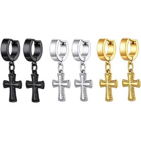 Cross Dangle Tassel Earrings Set 3, Stainless Steel Round Tunnel Gauges Screw Stud Earring for Men Women Boys, 3 Pairs
