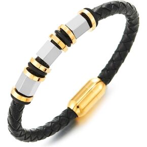 COOLSTEELANDBEYOND Mens Black Braided Leather Bracelet Bangle, Steel Hexagonal Beads and Gold Accents, Magnetic Clasp