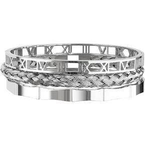 Enigma Mens Bracelet, Silver Bracelet Stack, Sleek Skeleton Roman Numerals Stainless Steel Cable Chain, Easy Hook Clasp, Set of 3, Adjustable Cuff Bangles, Hermes Style Jewelry For Men, Silver Bangles For Gifts