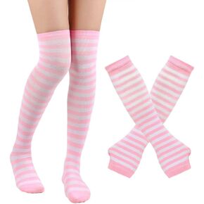 Womens Striped Knee High Socks Stockings Arm Warmer Fingerless Gloves Thumbhole Stretchy Gloves Set (Pink white)