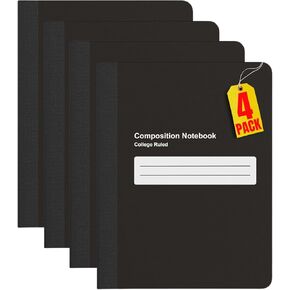 1InTheOffice Composition Notebook, College Rule Notebook, 160 Pages (80 Sheets), Black, 7 1/2" x 9 3/4", 4 Pack