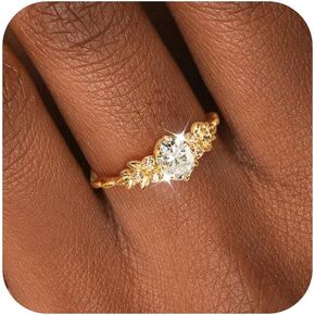 Sterling Silver Cubic Zirconia Leaf Rings for Women 14K Gold Plated Rings Non Tarnish Dainty Stackable Statement Gemstones Moissanite Rings Engagement Bands Jewelry Birthday Gifts for Mom