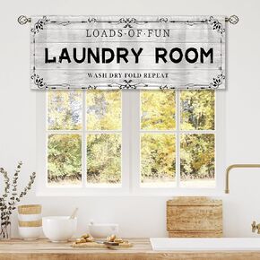 Wooden Farmhouse Laundry Room Curtain Valance for Window Treatments Vintage Barn Rod Pocket Treatment Rustic Country Grey White Window Drapes for Bathroom 1 Panel (52x18 Inch)