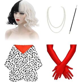 5 Pcs Halloween Dalmatian Costume Include Dalmatian Shawl Red Gloves Black White Wig and Pearl Necklace for 1920s Costume Cosplay Accessories