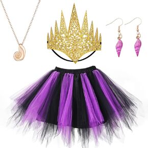 4 Pcs Halloween Evil Queen Costume Include Queen Crown Tutu Skirt Conch Shell Necklace and Earrings for Women Party Dress Up