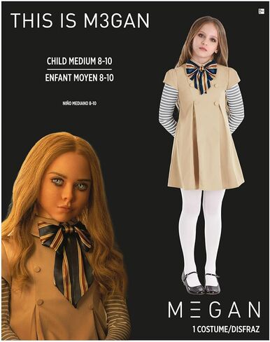 زي Party City M3GAN للفتيات - يتضمن الزي فستانًا من البوليستر مع فيونكة مرفقة وجوارب من النايلون - أزياء الهالوين وحفلات أعياد الميلاد والمناسبات ذات الطابع الخاص in Kuwait