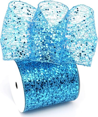 Teal Glitter Mesh Wired Ribbon 4" X 10 Yards Webbed Teal Sequin and Glitter Christmas Ribbon for Tree Decoration, Garlands and Swags, Home Decor, Craft Projects, Wreath Supplies in Saudi Arabia