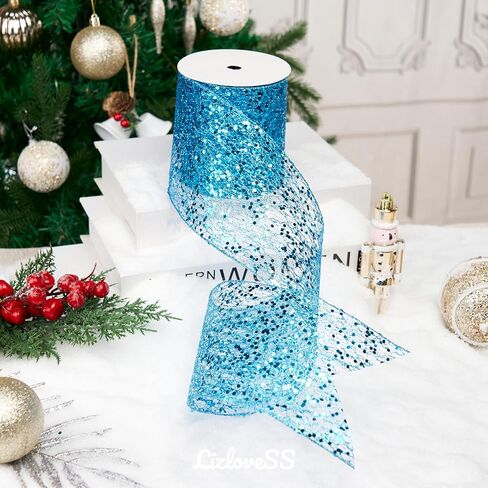 Teal Glitter Mesh Wired Ribbon 4" X 10 Yards Webbed Teal Sequin and Glitter Christmas Ribbon for Tree Decoration, Garlands and Swags, Home Decor, Craft Projects, Wreath Supplies in Saudi Arabia