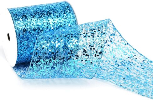 Teal Glitter Mesh Wired Ribbon 4" X 10 Yards Webbed Teal Sequin and Glitter Christmas Ribbon for Tree Decoration, Garlands and Swags, Home Decor, Craft Projects, Wreath Supplies in Saudi Arabia