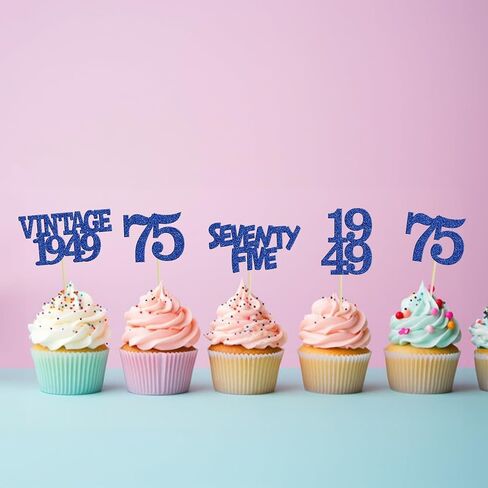 24 قطعة من أغطية الكب كيك العتيقة من Gyufise لعام 1949 مع هتافات لامعة إلى 75 خمسة وسبعين قطعة كب كيك رائعة لعيد الميلاد الخامس والسبعين وحفلات الزفاف والذكرى السنوية ومستلزمات تزيين الكيك باللون الأزرق العميق in Saudi Arabia