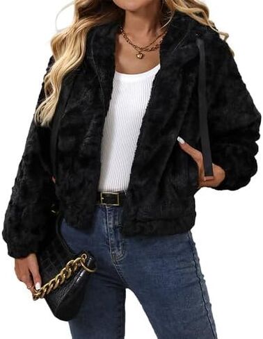 Women's Faux Fur Crop Coat Full Zip Fleece Sherpa Jacket with Hood in Saudi Arabia