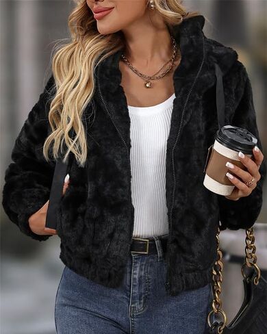 Women's Faux Fur Crop Coat Full Zip Fleece Sherpa Jacket with Hood in Saudi Arabia
