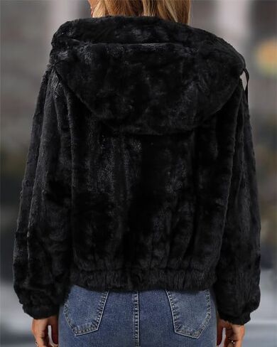 Women's Faux Fur Crop Coat Full Zip Fleece Sherpa Jacket with Hood in Saudi Arabia