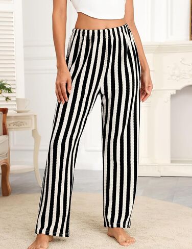 Women Striped Wide Leg Pants High Waist Casual Pants Comfy Elastic Palazzo Lounge Pants Trousers with Pockets in Saudi Arabia