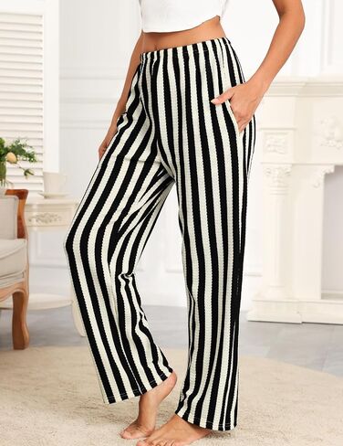 Women Striped Wide Leg Pants High Waist Casual Pants Comfy Elastic Palazzo Lounge Pants Trousers with Pockets in Saudi Arabia