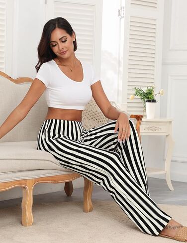 Women Striped Wide Leg Pants High Waist Casual Pants Comfy Elastic Palazzo Lounge Pants Trousers with Pockets in Saudi Arabia