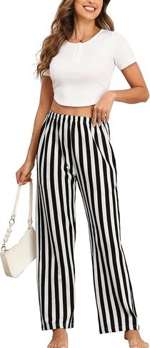 Women Striped Wide Leg Pants High Waist Casual Pants Comfy Elastic Palazzo Lounge Pants Trousers with Pockets in Saudi Arabia