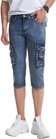 DSDZ Mens Casual Cargo Patchwork Blue Denim Jeans Shorts with Zippers in Kuwait