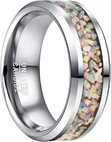 VAKKI 4mm 8mm Black Tungsten Rings Inlaid with Crushed Created Opal Wedding Engagement Band for Men Women Comfort Fit Size 4-12 in Kuwait
