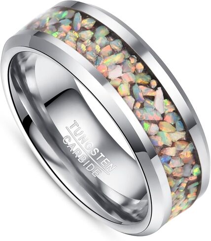 VAKKI 4mm 8mm Black Tungsten Rings Inlaid with Crushed Created Opal Wedding Engagement Band for Men Women Comfort Fit Size 4-12 in Kuwait