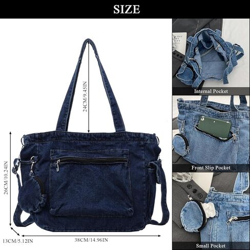 Denim Tote Bag, Large Capacity Jean Purses for Women Denim Crossbody Handbags with Small Purse in Kuwait