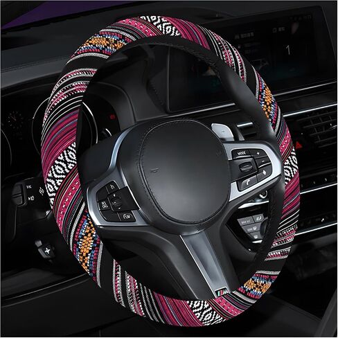 Boho Steering Wheel Cover, 15.0"×15.0" Anti-Slip Baja Blanket Ethnic Steering Wheel Protector, Breathable Flax Cloth Elastic Bohemian Steering Wheel Cover, Car Accessories (Style J) in Saudi Arabia