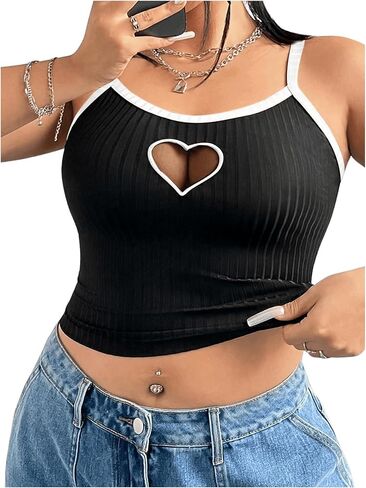 SOLY HUX Women's Plus Size Cami Crop Tops Contrast Mesh Spaghetti Strap Summer Top in Saudi Arabia