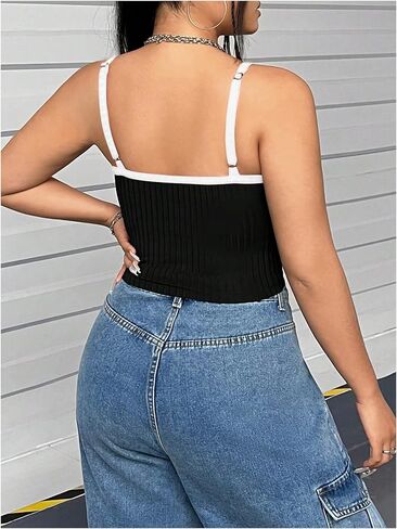 SOLY HUX Women's Plus Size Cami Crop Tops Contrast Mesh Spaghetti Strap Summer Top in Saudi Arabia