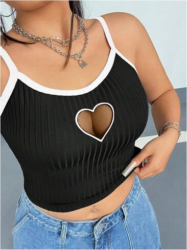 SOLY HUX Women's Plus Size Cami Crop Tops Contrast Mesh Spaghetti Strap Summer Top in Saudi Arabia