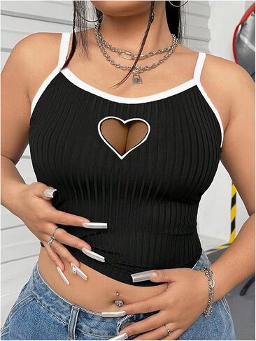 SOLY HUX Women's Plus Size Cami Crop Tops Contrast Mesh Spaghetti Strap Summer Top in Saudi Arabia