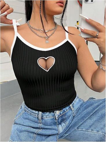 SOLY HUX Women's Plus Size Cami Crop Tops Contrast Mesh Spaghetti Strap Summer Top in Saudi Arabia