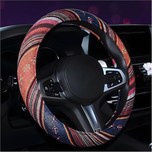Boho Steering Wheel Cover, 15.0"×15.0" Anti-Slip Baja Blanket Ethnic Steering Wheel Protector, Breathable Flax Cloth Elastic Bohemian Steering Wheel Cover, Car Accessories (Style J) in Saudi Arabia