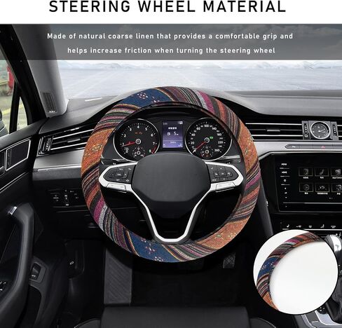 Boho Steering Wheel Cover, 15.0"×15.0" Anti-Slip Baja Blanket Ethnic Steering Wheel Protector, Breathable Flax Cloth Elastic Bohemian Steering Wheel Cover, Car Accessories (Style J) in Saudi Arabia