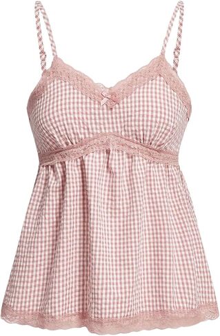 SOLY HUX Women's Plaid Contrast Lace Cami Tops Spaghetti Strap Y2k Camisole Tops in Saudi Arabia