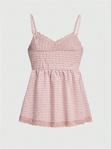 SOLY HUX Women's Plaid Contrast Lace Cami Tops Spaghetti Strap Y2k Camisole Tops in Saudi Arabia