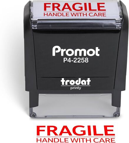 Promot Fragile Handle with Care Self Inking Rubber Stamp - Ink Stamps for Packaging Labels and Warning, Shipping, Moving, Order Processing, Retail Use - Work Office Stamper, Business Supplies, Red Ink in Saudi Arabia