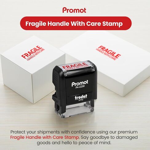 Promot Fragile Handle with Care Self Inking Rubber Stamp - Ink Stamps for Packaging Labels and Warning, Shipping, Moving, Order Processing, Retail Use - Work Office Stamper, Business Supplies, Red Ink in Saudi Arabia
