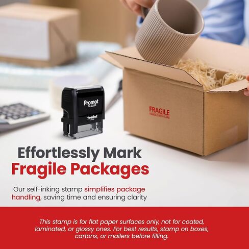Promot Fragile Handle with Care Self Inking Rubber Stamp - Ink Stamps for Packaging Labels and Warning, Shipping, Moving, Order Processing, Retail Use - Work Office Stamper, Business Supplies, Red Ink in Saudi Arabia