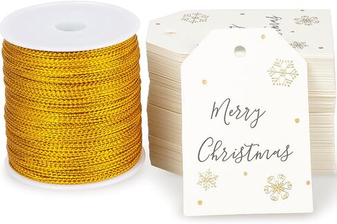 100 PCS Christmas Gift Tags Gold Foil Paper Holiday Hang Name Tags Label with 164 Feet Metallic Cords for DIY Xmas Present Happy New Year Party Decoration in Saudi Arabia
