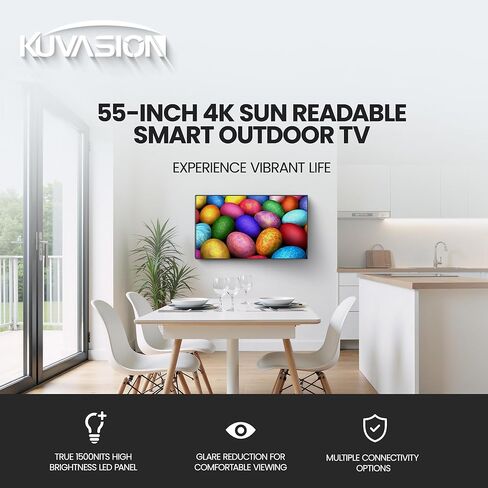 تلفزيون KUVASONG True 1500 شمعة في المتر المربع 55 بوصة 4K Sun قابل للقراءة في الهواء الطلق ذكي مع شريط صوت خارجي 40 وات وحامل تثبيت على الحائط للتلفزيون الدوار in Saudi Arabia