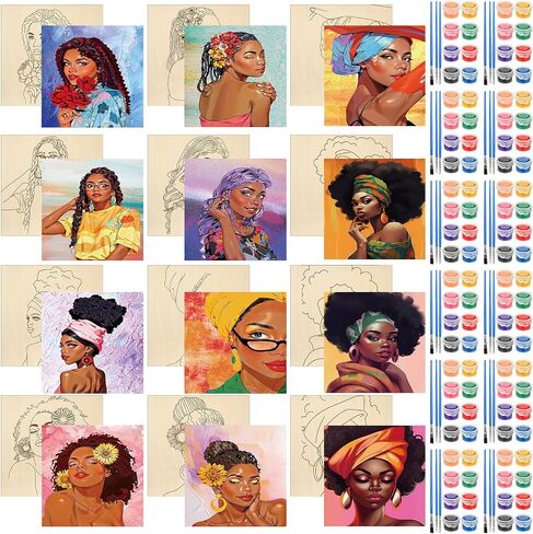 Humyoun 12 Sets Pre Drawn Wooden Panels for Painting Craft for Adult Sip and Paint Kit 8 x 8 Inch Pre Printed Wood Panels Kit for Beginners, Adults, Party Favor and DIY Crafts(Women Style) in Saudi Arabia