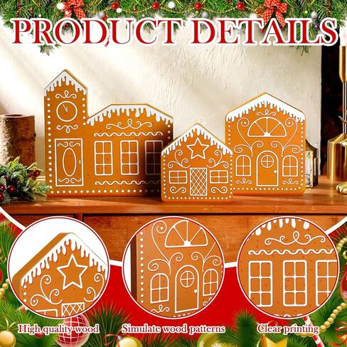 3 قطع من ديكور منزل الزنجبيل لعيد الميلاد، علامة خشبية لبيت الزنجبيل، صورة ظلية لمنزل الزنجبيل، زخارف على سطح الطاولة لعيد الميلاد، مدفأة، رف، صينية متدرجة، ديكور in Kuwait