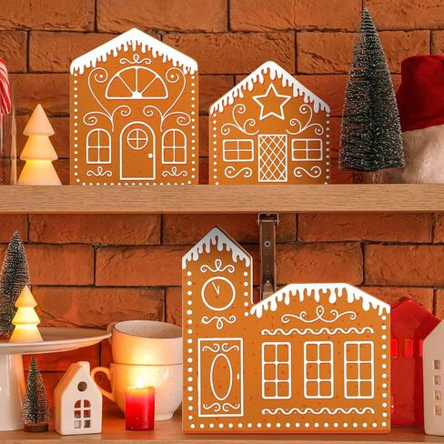 3 قطع من ديكور منزل الزنجبيل لعيد الميلاد، علامة خشبية لبيت الزنجبيل، صورة ظلية لمنزل الزنجبيل، زخارف على سطح الطاولة لعيد الميلاد، مدفأة، رف، صينية متدرجة، ديكور in Kuwait