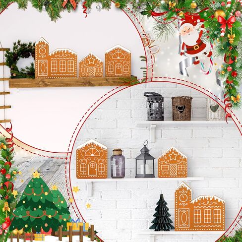 3 قطع من ديكور منزل الزنجبيل لعيد الميلاد، علامة خشبية لبيت الزنجبيل، صورة ظلية لمنزل الزنجبيل، زخارف على سطح الطاولة لعيد الميلاد، مدفأة، رف، صينية متدرجة، ديكور in Kuwait