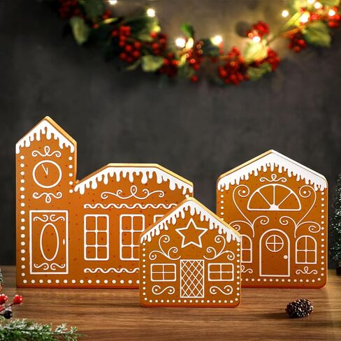 3 قطع من ديكور منزل الزنجبيل لعيد الميلاد، علامة خشبية لبيت الزنجبيل، صورة ظلية لمنزل الزنجبيل، زخارف على سطح الطاولة لعيد الميلاد، مدفأة، رف، صينية متدرجة، ديكور in Kuwait