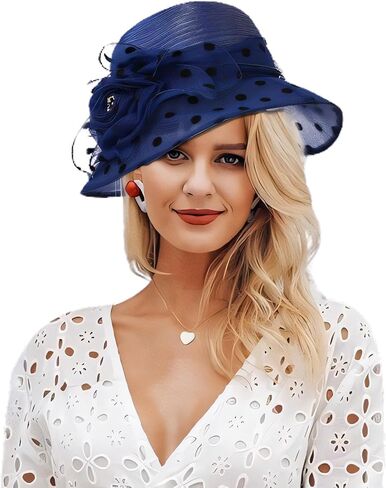Wooee Fascinator قبعات الكنيسة الأورجانزا الكنيسة قبعة الشمس واسعة كوكتيل الشاي حفل زفاف الصيف هاري الملحقات الأزرق in Kuwait
