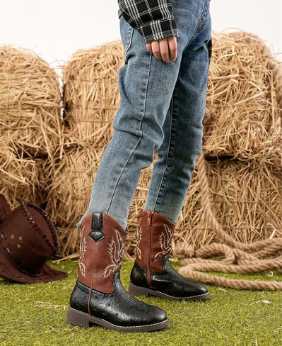 DADAWEN Boys Girls Cowboy Boots Bumps Embroidery Square Toe Mid Calf Western Cowgirl Boots Riding Shoes (Toddler Little Kid Big Kid) in Kuwait
