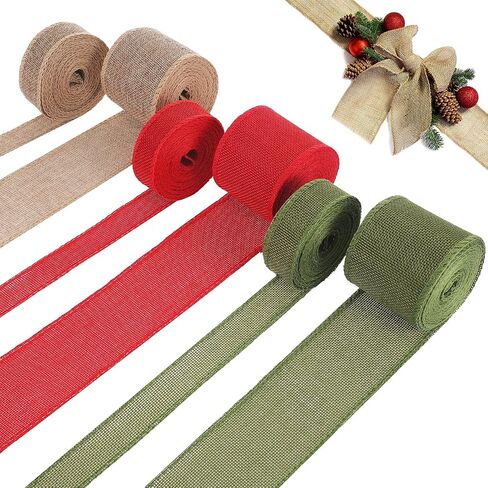 WILLBOND 6 Rolls 33 Yards Christmas Burlap Ribbon Fabric Wired Edge Ribbon Green Red Natural Ribbon Xmas Craft Ribbon Farmhouse Decorative Ribbon for DIY Christmas Holiday Decor (1'') in Saudi Arabia